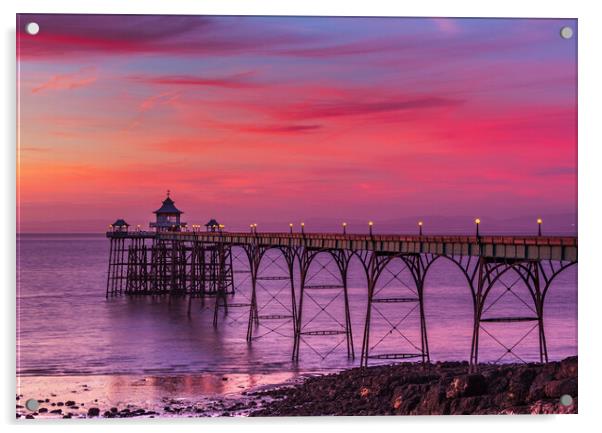 Clevedon Pier at sunset at low tide Acrylic by Rory Hailes