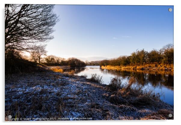A winter scene on the River Dee at Threave castle, with snow and frost Acrylic by SnapT Photography