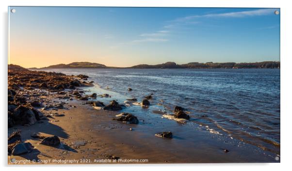Sunset over a Scottish coastline in winter at a sandy beach at Kirkcudbright Bay Acrylic by SnapT Photography