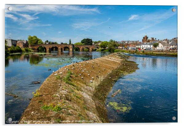 Low water and a dry caul weir during a summer drought on the River Nith Acrylic by SnapT Photography