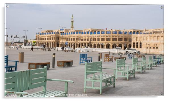 Green and blue coloured benches in rows in Souq Waqif Square, Doha, Qatar Acrylic by SnapT Photography