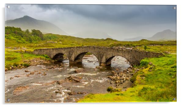 Sligachan bridge by the River Sligachan, on a overcast summers morning on the Isle of Skye, Scotland, with the Cuillin Mountains in the background. Acrylic by SnapT Photography