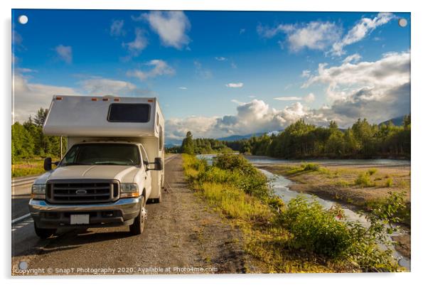Campervan parked beside the Kitimat River in the evening sun. Acrylic by SnapT Photography