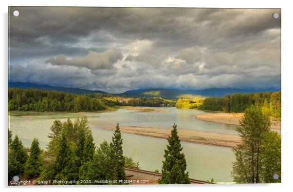 Looking upstream on the Skeena River towards Terrace, beside the CN Railway Line. Acrylic by SnapT Photography