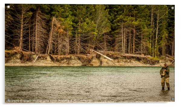 A man hooked into a fish while fly fishing in British Columbia, near Kitimat Acrylic by SnapT Photography
