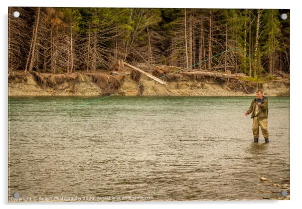 A man hooked into a fish while fly fishing in British Columbia, near Kitimat Acrylic by SnapT Photography