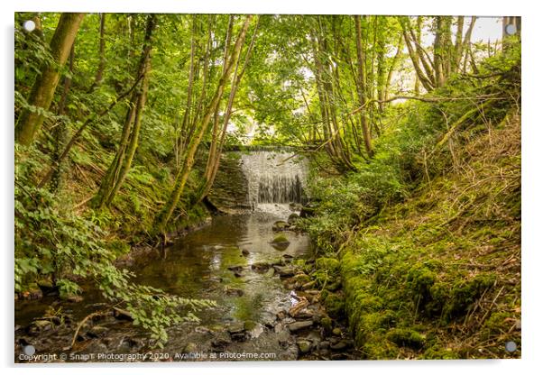 Water flowing over an old weir and through a woodland, over stones Acrylic by SnapT Photography
