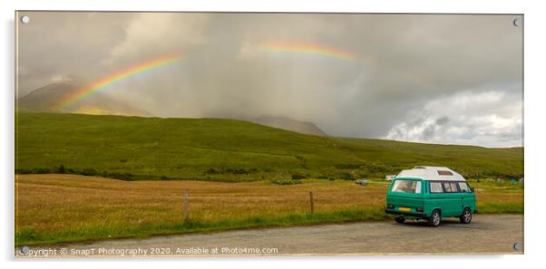 An old green camper van in the shadow of misty mountains and a rainbow Acrylic by SnapT Photography