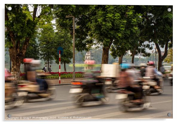 Motorbike motion at Hoan Kiem lake and turtle tower in the background Acrylic by SnapT Photography