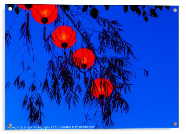 Red vietnamese or chinese lanterns contrasting with a blue sky Acrylic by SnapT Photography