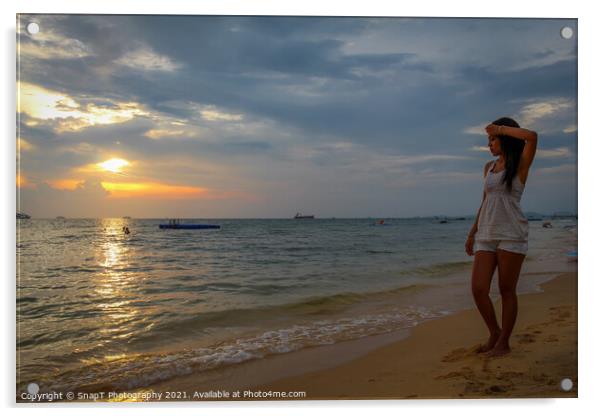 An Asian women walking on Ba Keo beach at sunset,  Acrylic by SnapT Photography