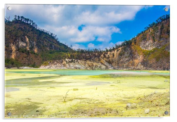The yellow sulphur deposits and blue lake of Kawah Putih, Indonesia Acrylic by SnapT Photography