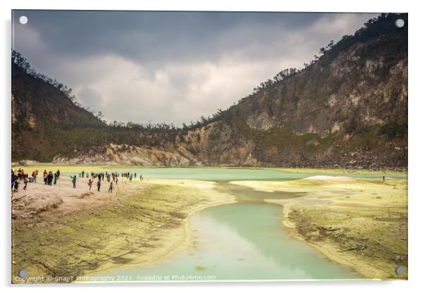 Tourists at the volcanic sulphur crater lake of Kawah Putih, Indonesia Acrylic by SnapT Photography