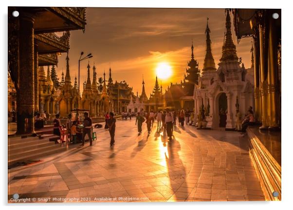 Sunset light on the Shwedagon Pagoda in Yangon, Myanmar Acrylic by SnapT Photography