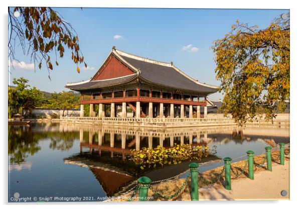 A Korean pavilion reflecting on a lake at Gyeongbokgung Palace on an autumn day Acrylic by SnapT Photography