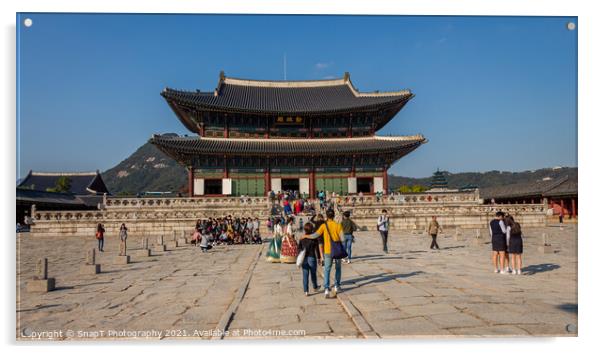 Tourists at the entrance to Gyeongbokgung Palace on a fall day in Seoul Acrylic by SnapT Photography