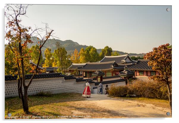 Women in hanboks walking at Gyeongbokgung Palace, Seoul, South Korea Acrylic by SnapT Photography