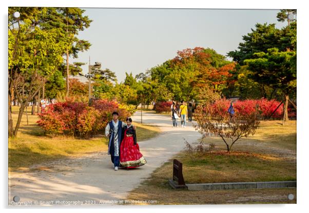 A couple in traditional Korean hanbok dress at Gyeongbokgung Palace, Seoul Acrylic by SnapT Photography
