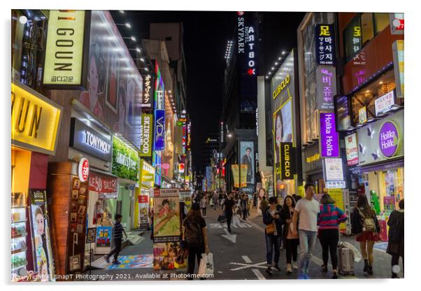 Myeongdong Shopping District at night in Seoul, South Korea Acrylic by SnapT Photography