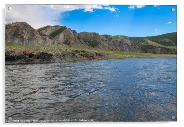 A fast river in Mongolia, with mountains and blue sky Acrylic by SnapT Photography