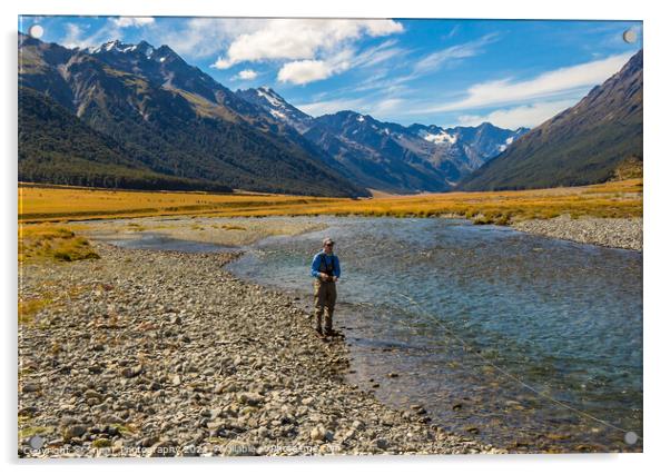 An Angler fly fishing for trout on the Ahuriri river, surrounded by mountains Acrylic by SnapT Photography