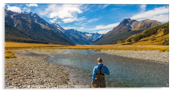 An fly fisherman looking for trout in the mountains of the Ahuriri River Acrylic by SnapT Photography