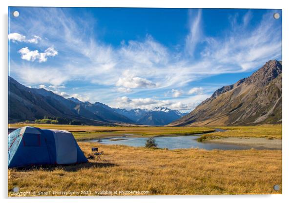 A tent pitched beside a river, surrounded by mountains, in New Zealand Acrylic by SnapT Photography