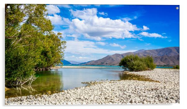 The slow flowing Pukaki river as it flows into Lake Benmore on a sunny day Acrylic by SnapT Photography