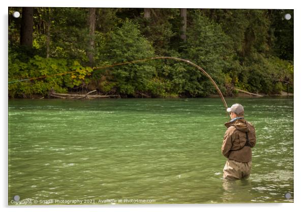 A man hooked into a fish while fly fishing on a deep green river. Acrylic by SnapT Photography