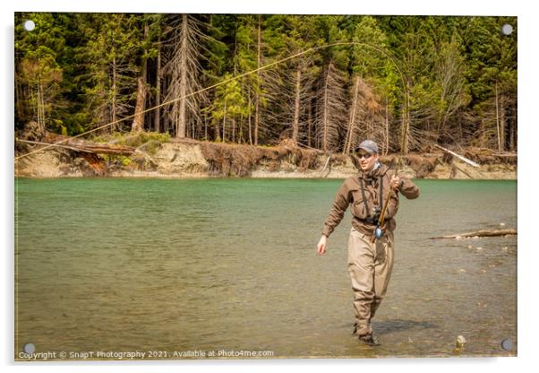 A sport fly fisherman hooked into a salmon on a river in British Columbia Acrylic by SnapT Photography