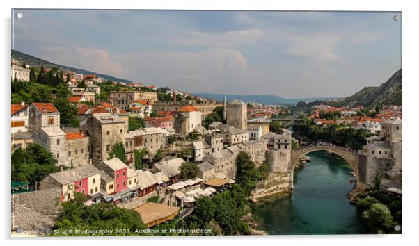 View over the old town of Mostar and the old bridge over the Neretva River Acrylic by SnapT Photography
