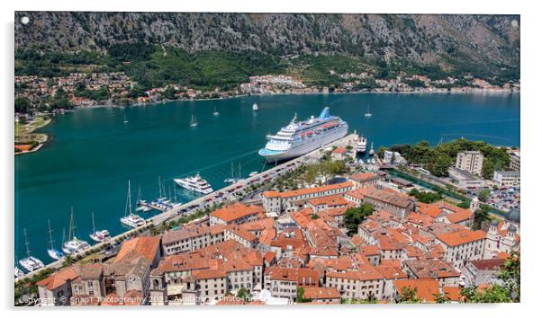 A cruise ship moored at the UNESCO World Heritage Site of the Old Town of Kotor Acrylic by SnapT Photography
