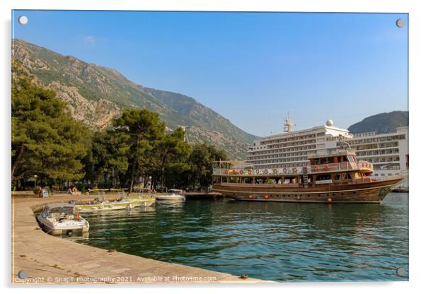 Ferries and cruise ships moored at the harbour in Kotor, Montenegro Acrylic by SnapT Photography