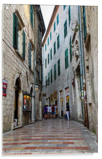 A narrow street in the Old Town of Kotor, with Medieval architecture Acrylic by SnapT Photography