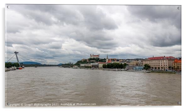 A view of the River Danube, Bratislava and Castle, Stary Most Bridge, Slovakia Acrylic by SnapT Photography