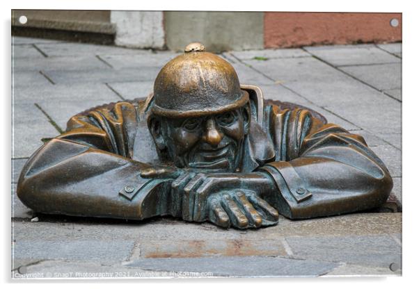 The 'Man at Work' statue called Cumil, in Bratislava's old town, Slovakia Acrylic by SnapT Photography