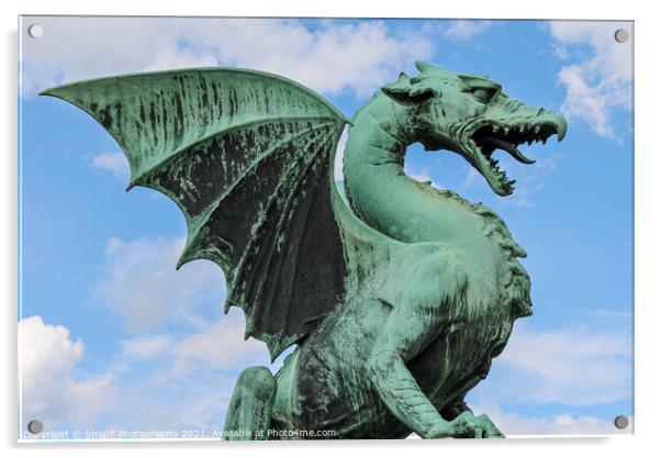The Dragon statue at Dragon Bridge in old Medieval Ljubljana, Slovenia Acrylic by SnapT Photography