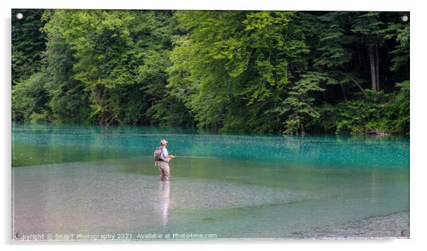 A man fly fishing for marble trout on the Soca River at Tolminka, near Tolmin, Slovenia Acrylic by SnapT Photography