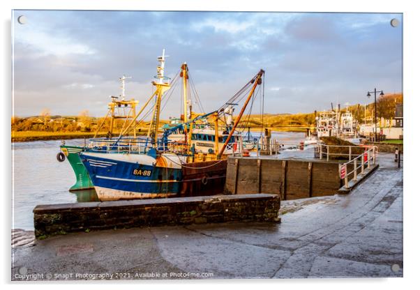 Fishing trawlers moored at Kirkcudbright harbour on the River Dee at sunset Acrylic by SnapT Photography