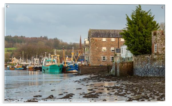 Fishing trawlers moored at Kirkcudbright harbour at lowtide in the winter, Acrylic by SnapT Photography