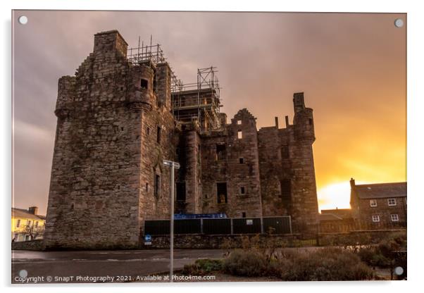 MacLellan's Castle at sunset on the old High Street in Kirkcudbright, Scotland Acrylic by SnapT Photography