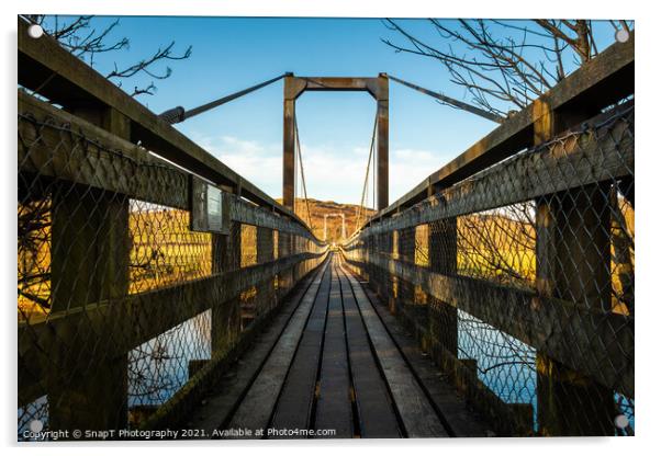 Boat Weil Wooden Suspension Bridge over the Water of Ken, Scotland Acrylic by SnapT Photography