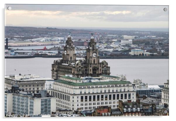 View across the rooftops of Liverpool towards the Royal Liver Building Acrylic by Phil Longfoot