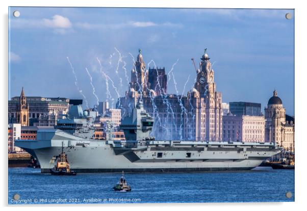 HMS Prince of Wales aircraft carrier leaving Liverpool waterfront. Acrylic by Phil Longfoot