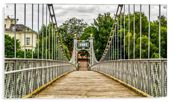 Old suspension bridge over River Dee.  Acrylic by Phil Longfoot