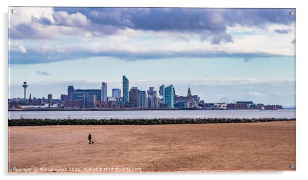 New Brighton Beach with Liverpool Cityscape and River Mersey Acrylic by Phil Longfoot