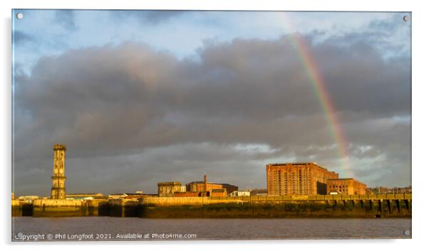 Rainbow over Liverpool Central Docks.  Acrylic by Phil Longfoot