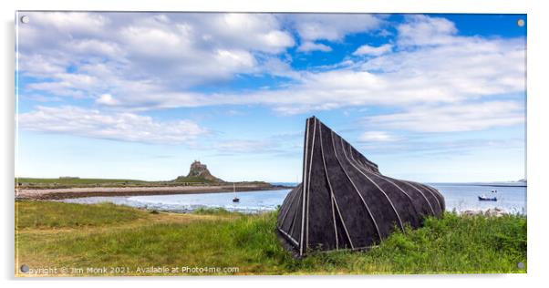 Lindisfarne Castle and boat hut Acrylic by Jim Monk