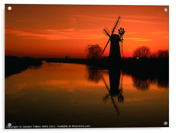 Turf Fen Windmill at sunset, Norfolk Broads, England, UK Acrylic by Geraint Tellem ARPS