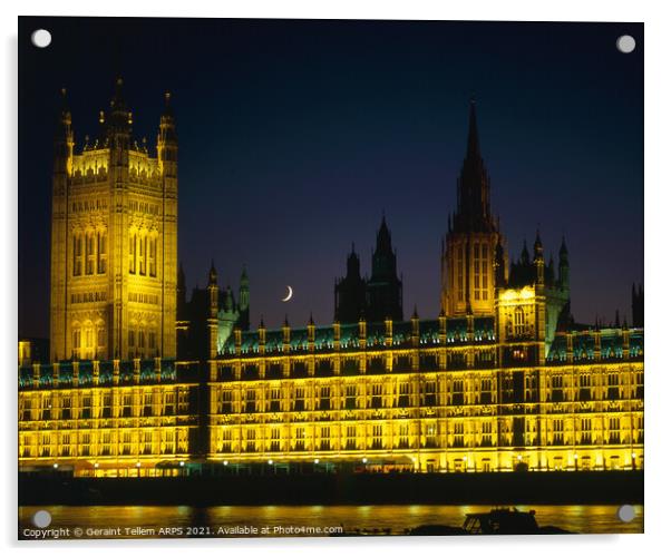 Houses of Parliament and crescent moon, Westminster, London, UK Acrylic by Geraint Tellem ARPS